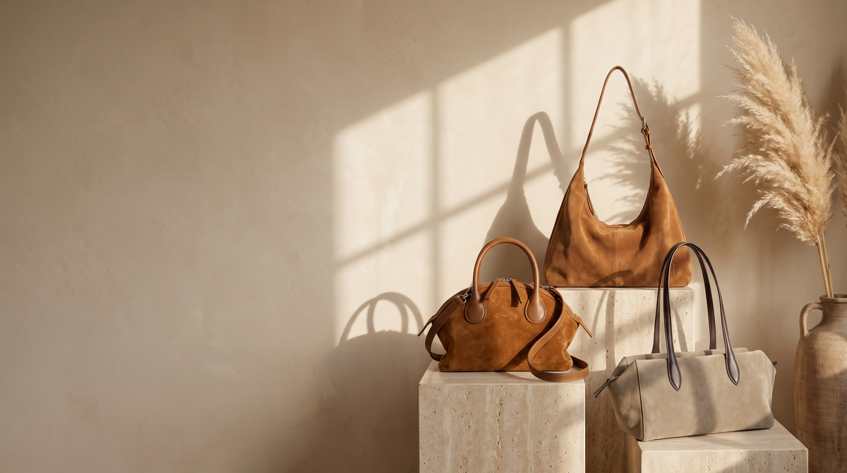 Aubrine suede handbags on travertine plinths in warm window light