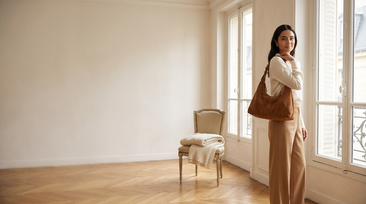 Woman in a sunlit Paris apartment carrying a caramel suede Aubrine hobo bag