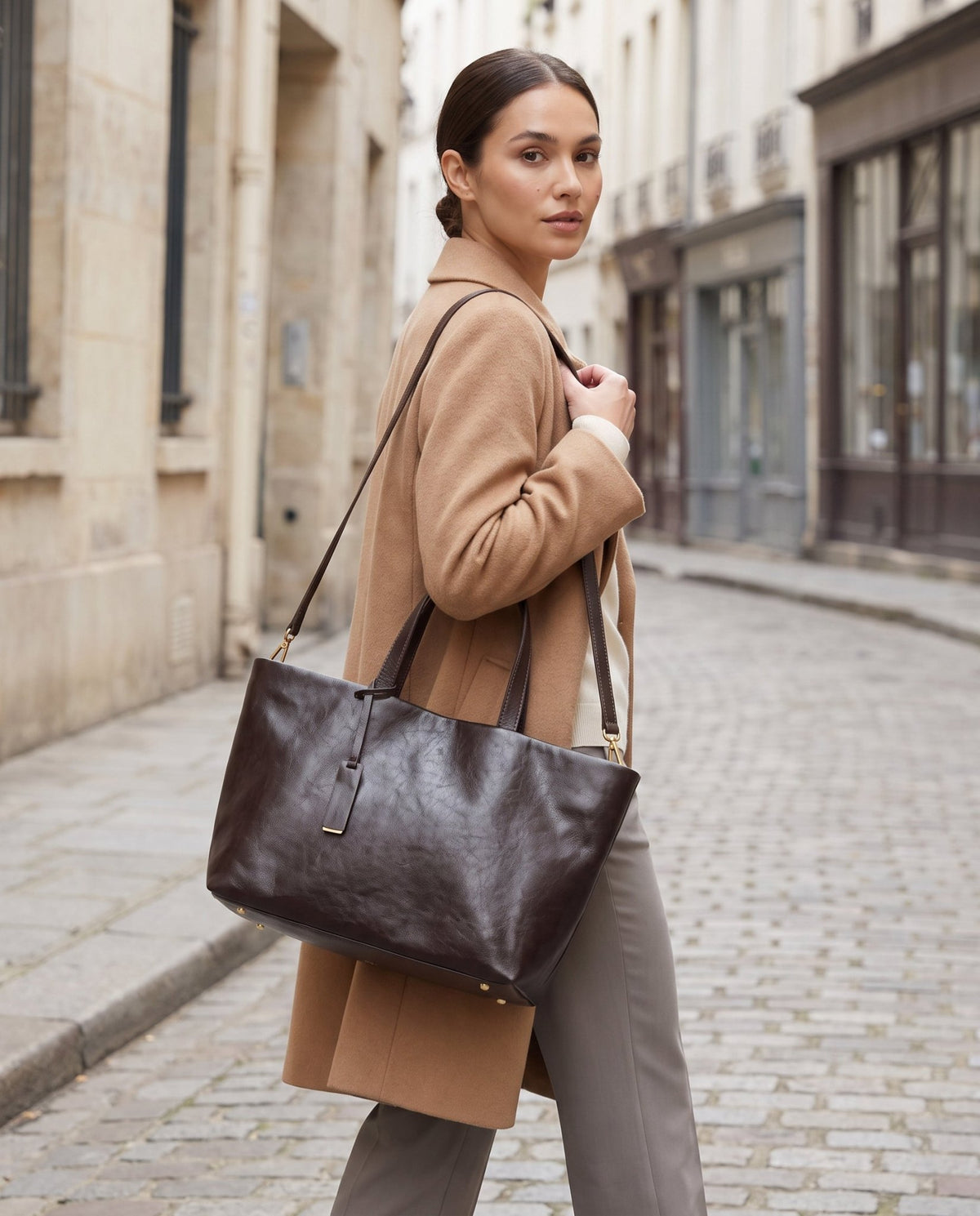 Aubrine Albertine Tote in Dark Brown, worn on the shoulder