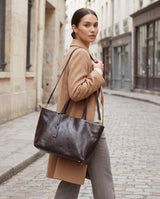Aubrine Albertine Tote in Dark Brown, worn on the shoulder