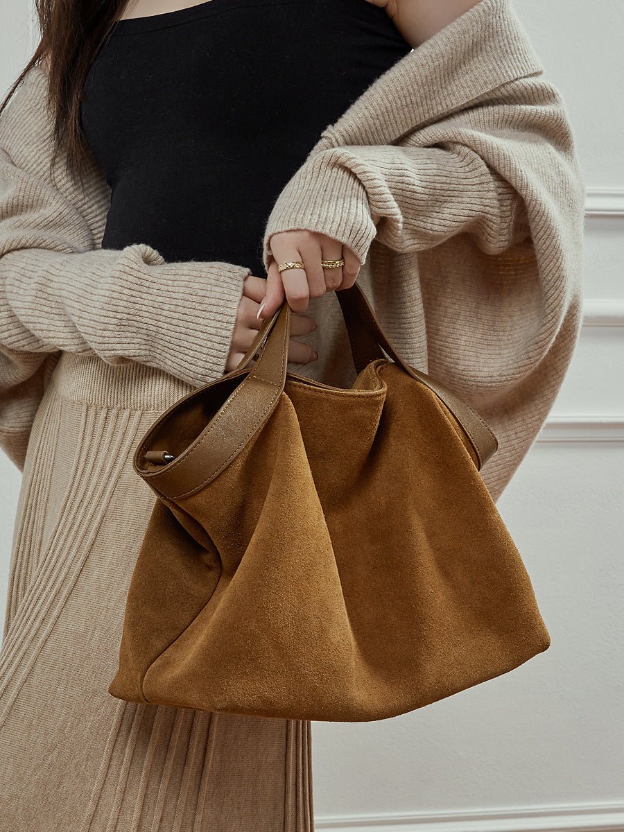 Aubrine Cecile Suede Tote in Black, worn