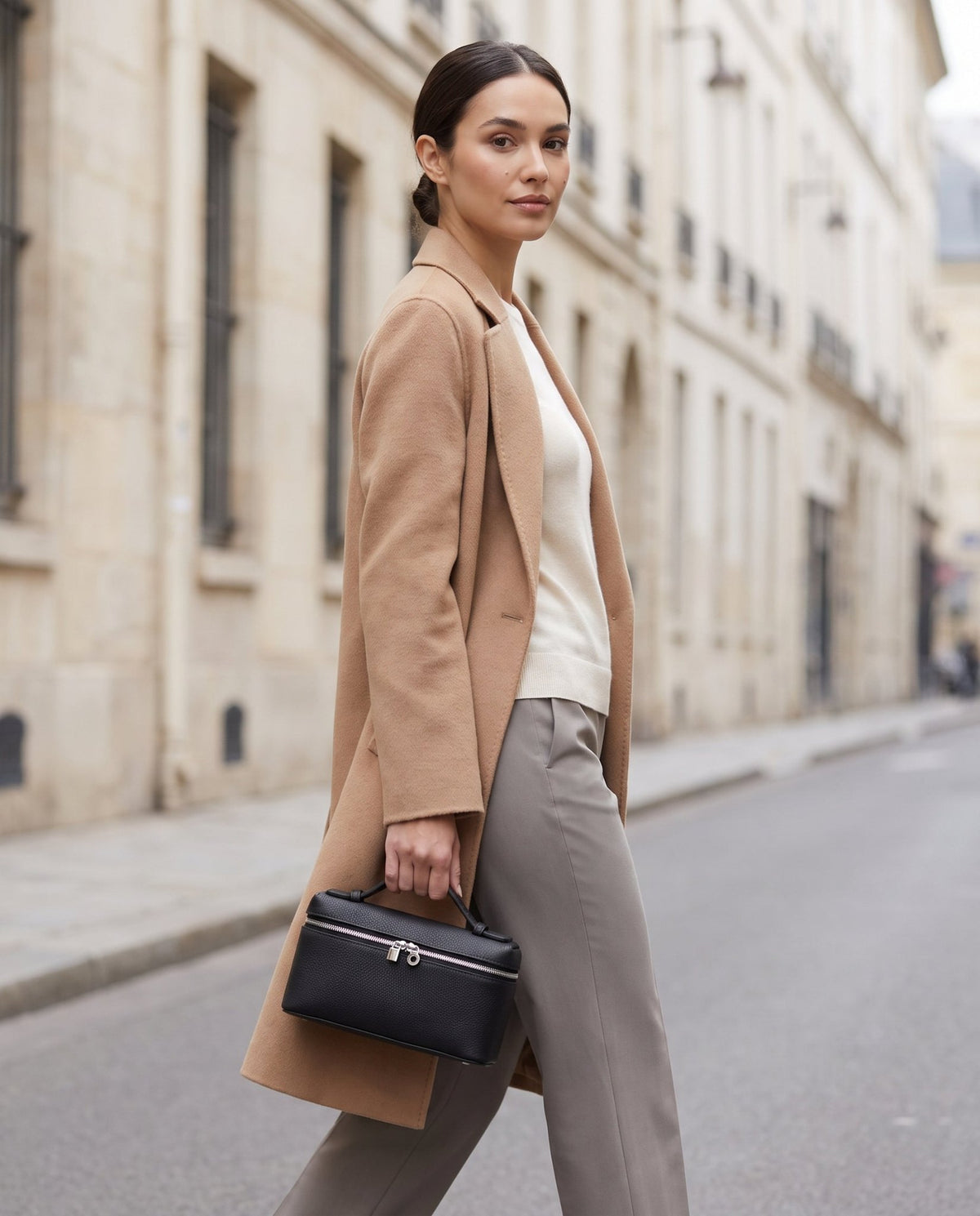 Aubrine Eleonore Vanity Bag in Black, worn on the shoulder