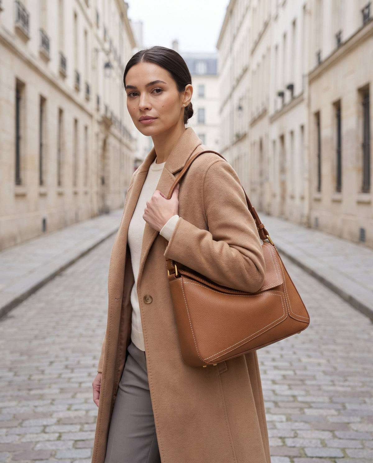 Aubrine Emmanuelle Hobo Bag in Brown, worn