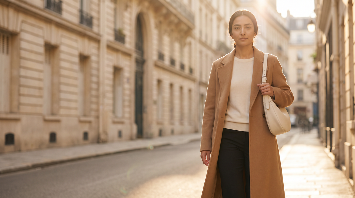 Woman in a camel coat carrying the Aubrine Marguerite cream leather crescent bag on a Paris street