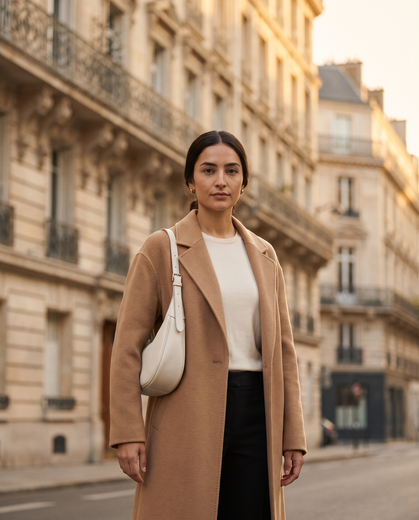 Woman in a camel coat carrying the Aubrine Marguerite cream leather crescent bag on a Paris street