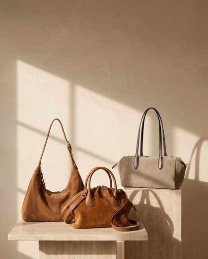 Aubrine suede handbags on travertine plinths in warm window light