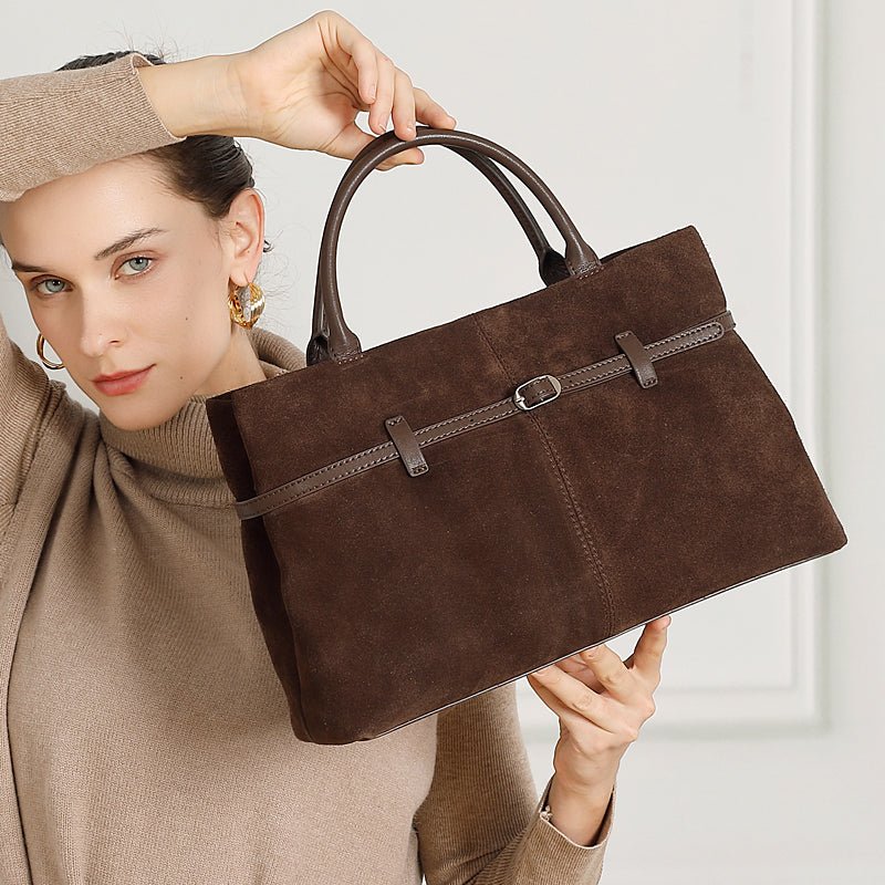 Aubrine Pascale Suede Tote in Black, worn