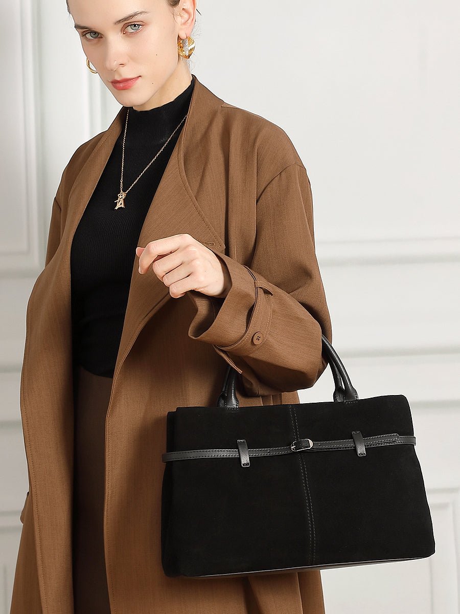Aubrine Pascale Suede Tote in Black, worn